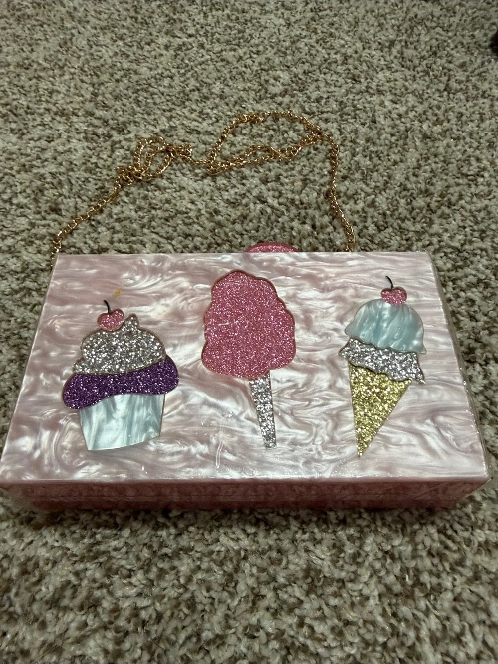 Bari Lynn Pink Acrylic 'SWEET' Box Clutch with Gold Chain Strap